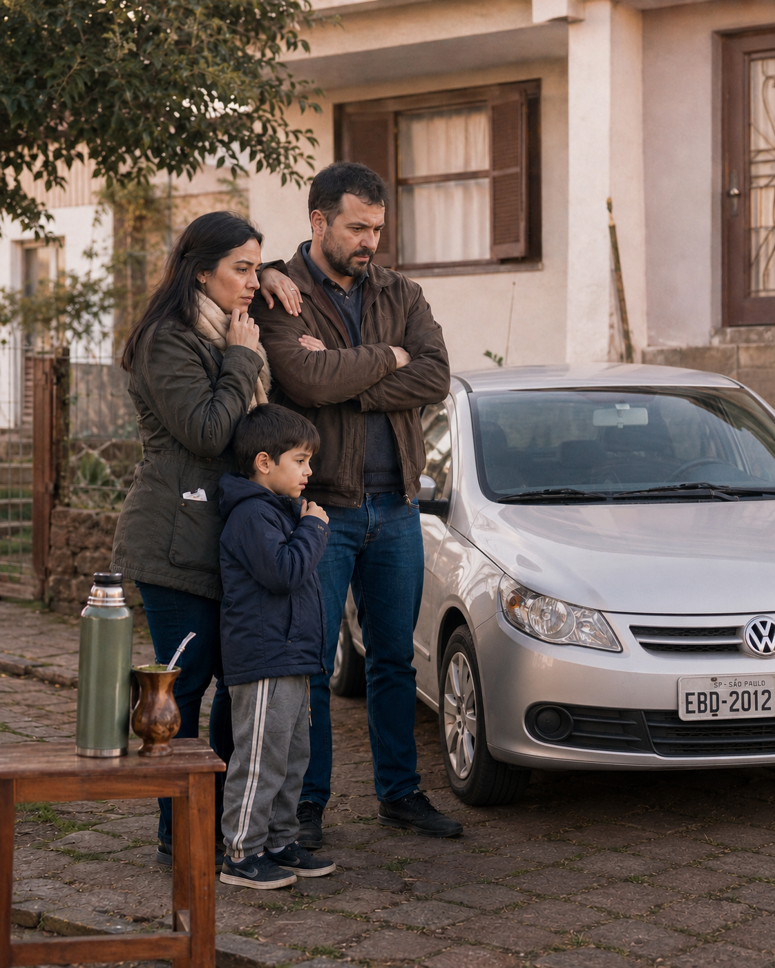 Família preocupada ao lado de um carro antigo que já gera insegurança e desgaste